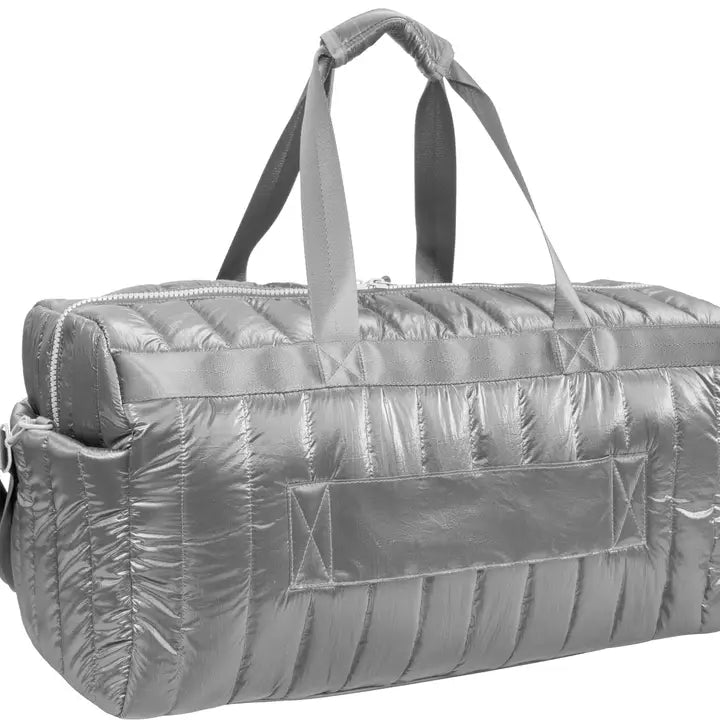 QUILTED METALLIC PUFFER DUFFEL -CHROME