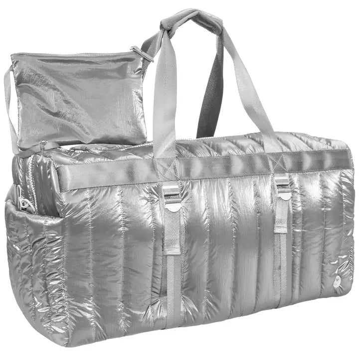 QUILTED METALLIC PUFFER DUFFEL -CHROME