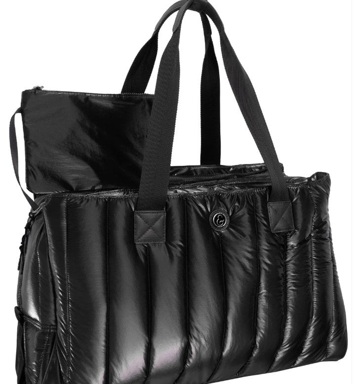 QUILTED METALLICNYLON TOTE -BLACK