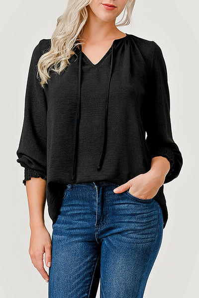 ABBY SMOCKED CUFF TOP - BLACK