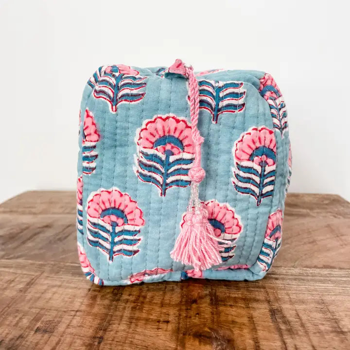 Light Blue Floral Block Print Pouch