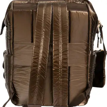 QUILTED METALLIC PUFFER BACKPACK -CHOCOLATE