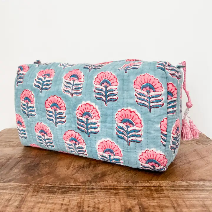 Light Blue Floral Block Print Pouch