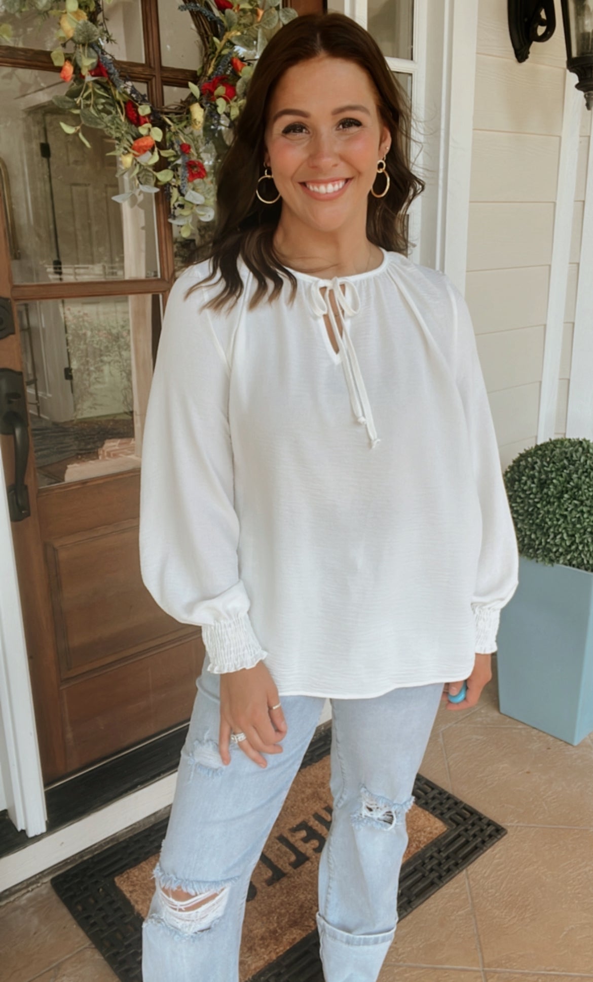 ABBY SMOCKED CUFF TOP - IVORY