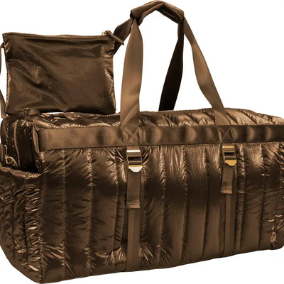 QUILTED METALLIC PUFFER DUFFEL -CHOCOLATE