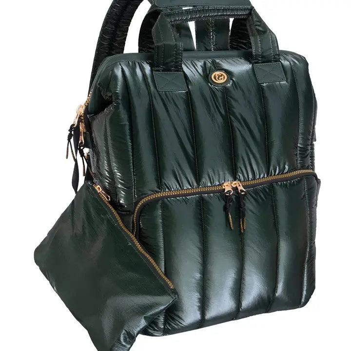 QUILTED METALLIC PUFFER BACKPACK - EMERALD